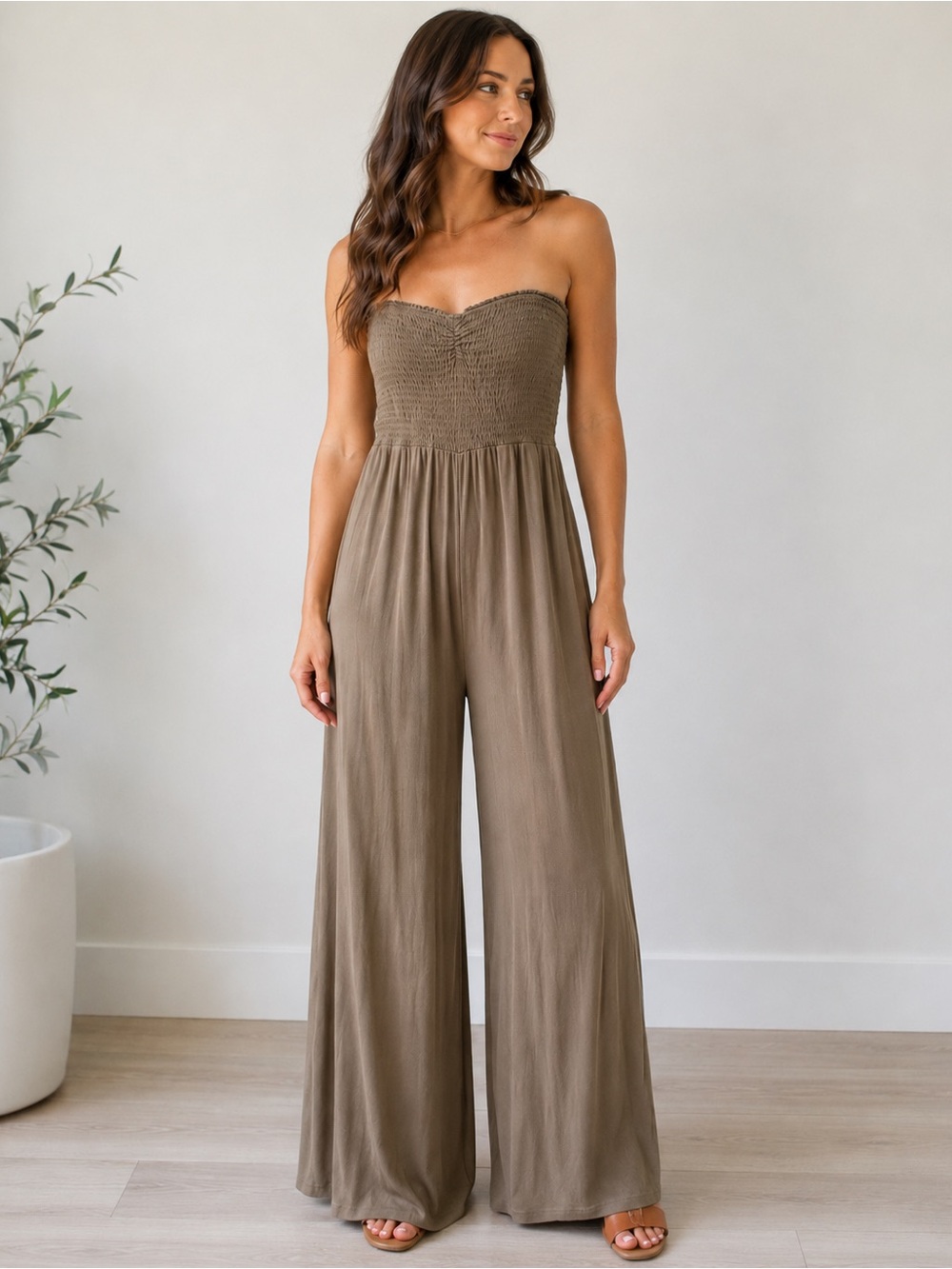 aerie Olive Strapless Wide-Leg Jumpsuit